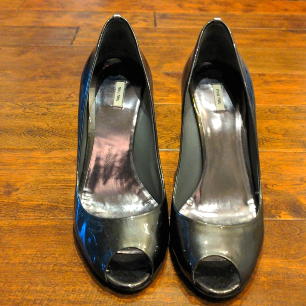 Miu Miu gunmetal black and silver peep toe heels